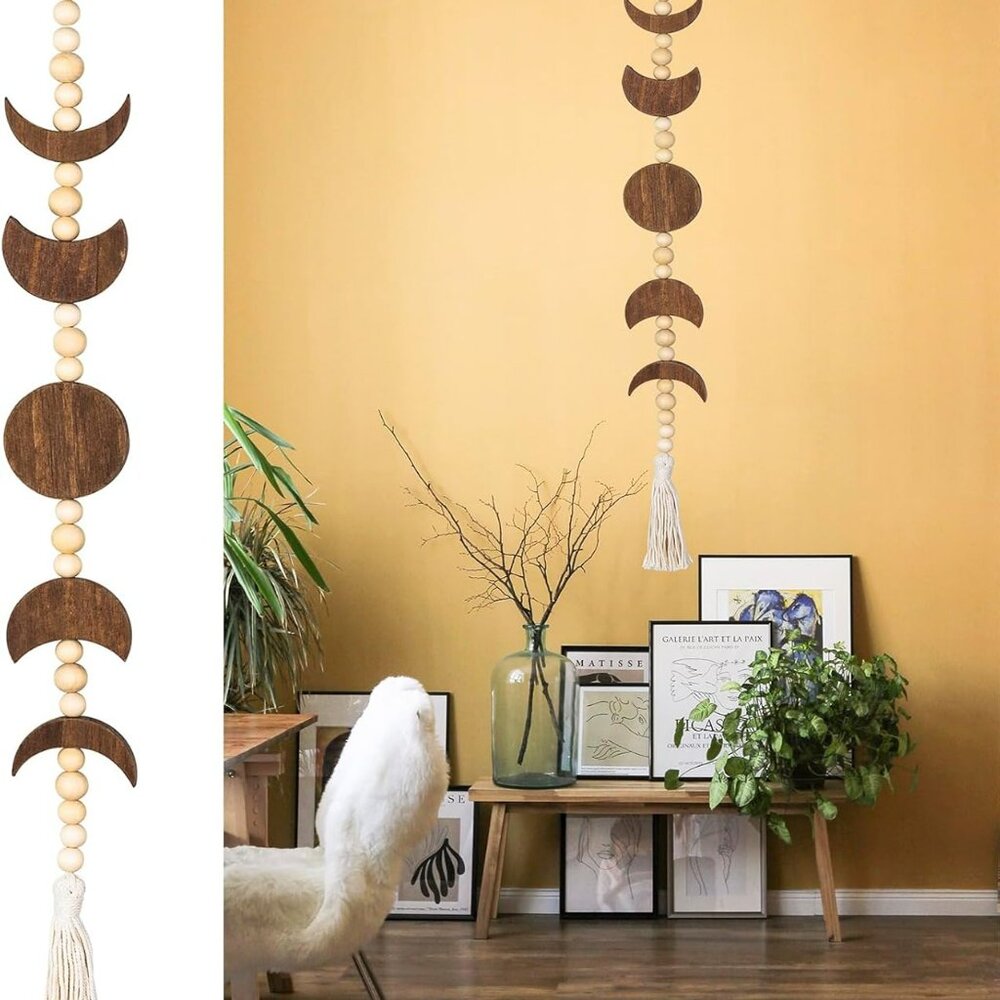 Boho Decor Moon Phase Wall Hanging Wood Beaded with Tassel Phases of The Moon